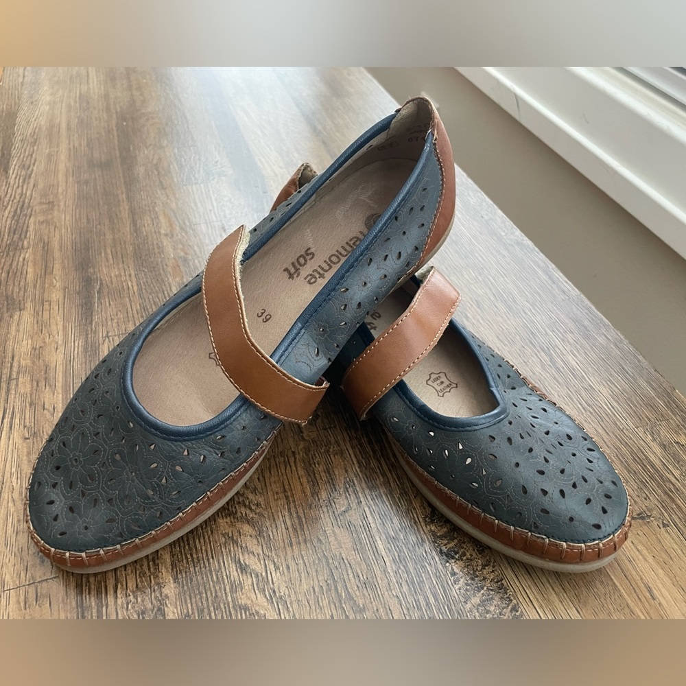 Remonte Blue Leather Mary Jane Slip On Comfy Preppy Shoes - size 39 (8-8.5) - Picture 2 of 5